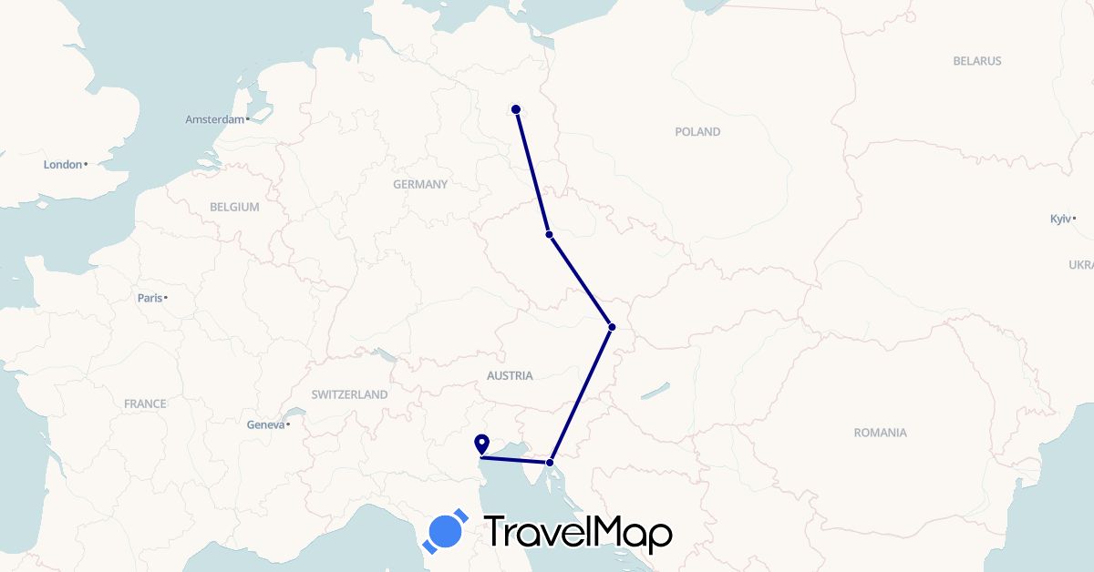 TravelMap itinerary: driving in Austria, Czech Republic, Germany, Croatia, Italy (Europe)